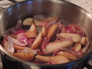 Saute onions and pears