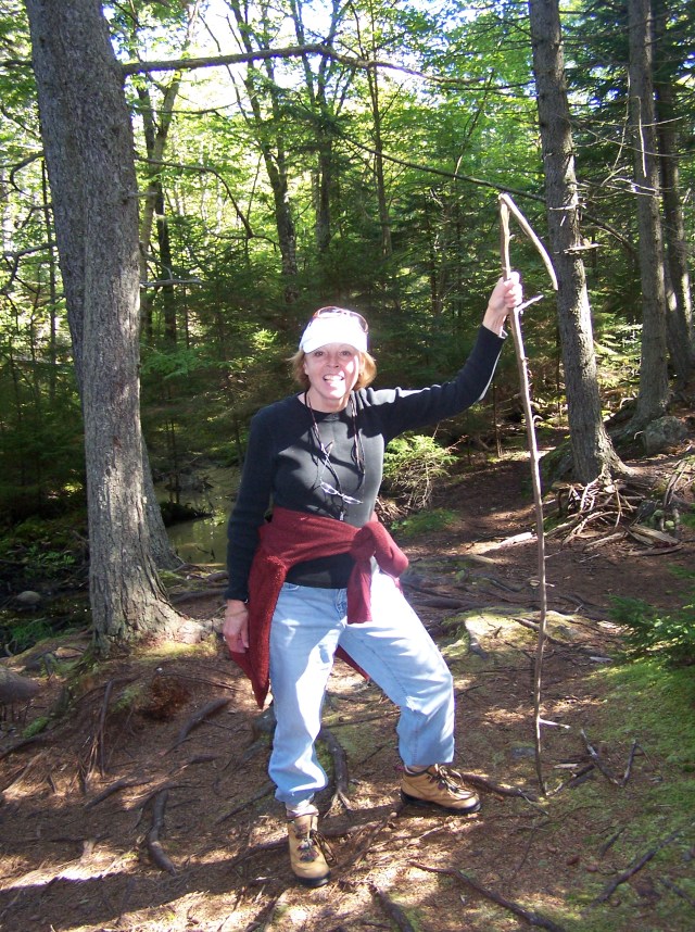 mom hiking monhegan w stick 2009