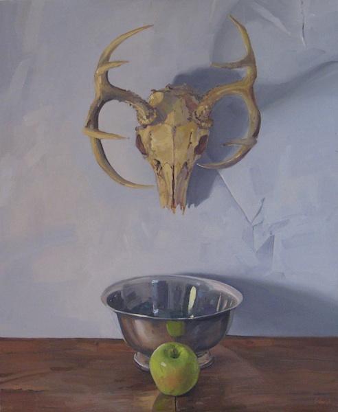 Deer Skull on Blue by Sarah Sedwick 23x28" Oil on Canvas -Available