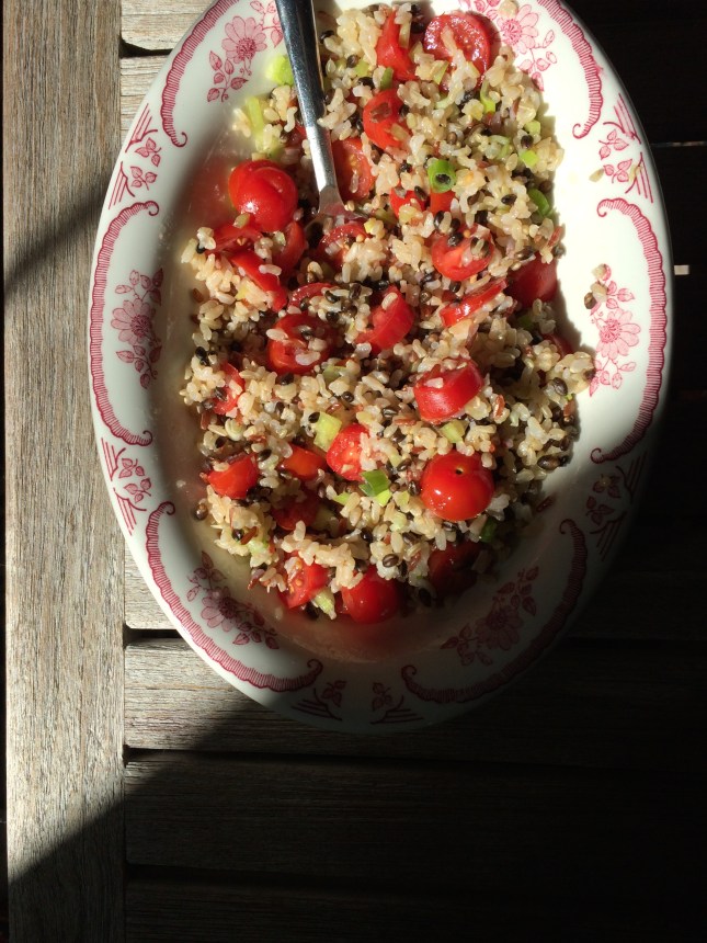 Brown rice, feta, tomatoes and green onion