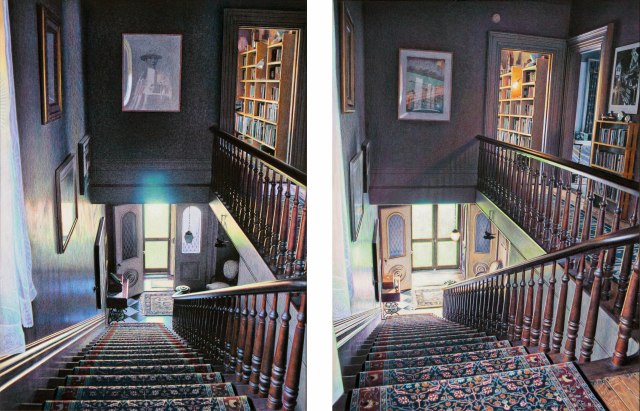 Eric Green, Time Diptych – Cardinal, Grisaille, varnish and colored pencil on board, 16″ x 25″ – including 1″ in between