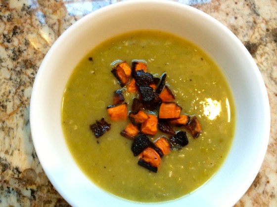 Tyler Florence's Split Pea Soup with Sweet Potato and Bacon Garnish