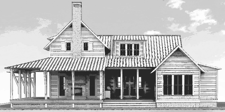 House plan, front view, wrap around porch, windows, doors