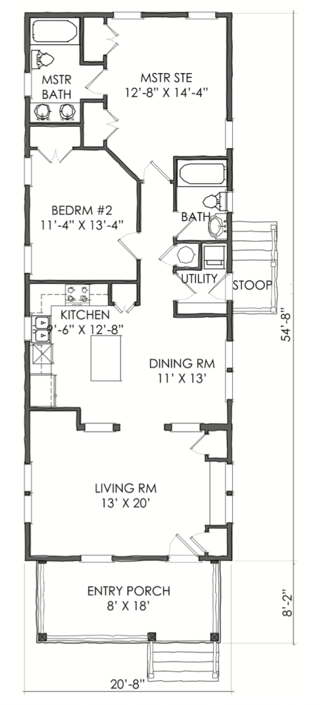 house floor plan, porch, living room, combined dining kitchen area, utility, bedrooms, bathrooms