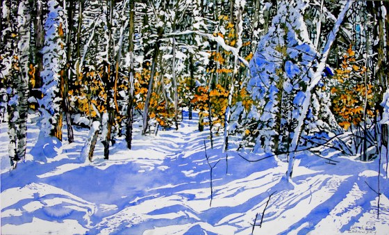 sunlit-trail-thru-a-clear-winters-day-by-micheal-zarowsky-18x30-mixmedia
