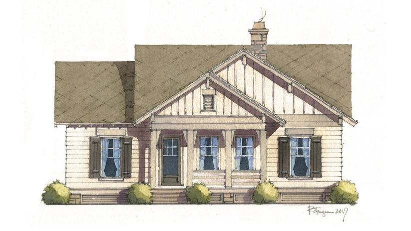 House plan, front view. Small porch, windows, doors, nice rooflines