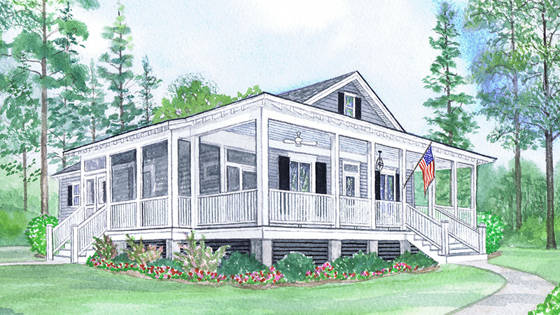 front/side view of house, wrap around porch, american flag, grey boards, black shutters, white spindles
