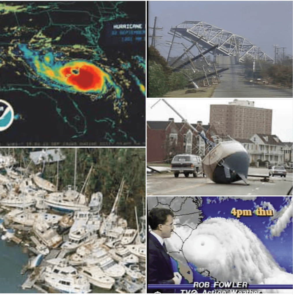 Hurricane Hugo 1989 images, map, bridge askew, sailboats piled up