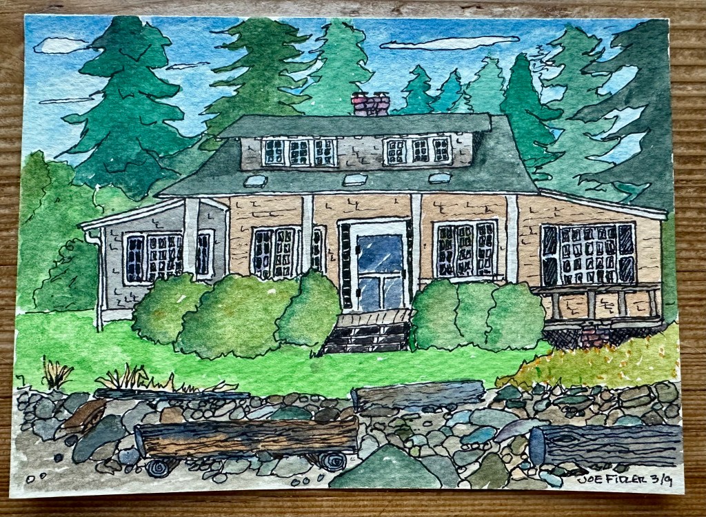 watercolor painting, painting of a cottage with cedar shakes, dormer with six small windows, fireplace, large door, many trees, rocks in the foreground