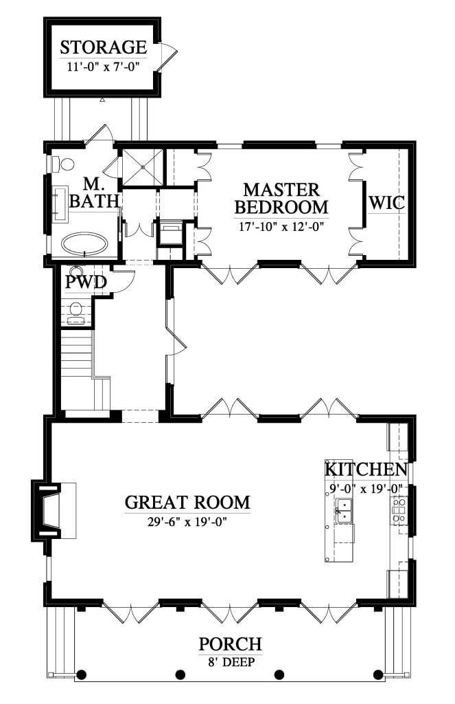 Main floor of house plan, porch, great room open to kitchen, a hallway with stair and powder room, master suite with 2 walk in closets.