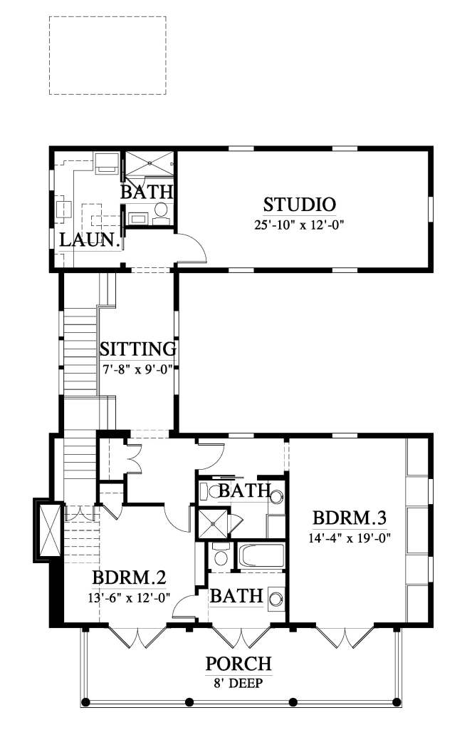 House plan with upstairs full porch, two bedrooms, two bathrooms in front, hallway sitting area, laundry room, bathroom and studio space