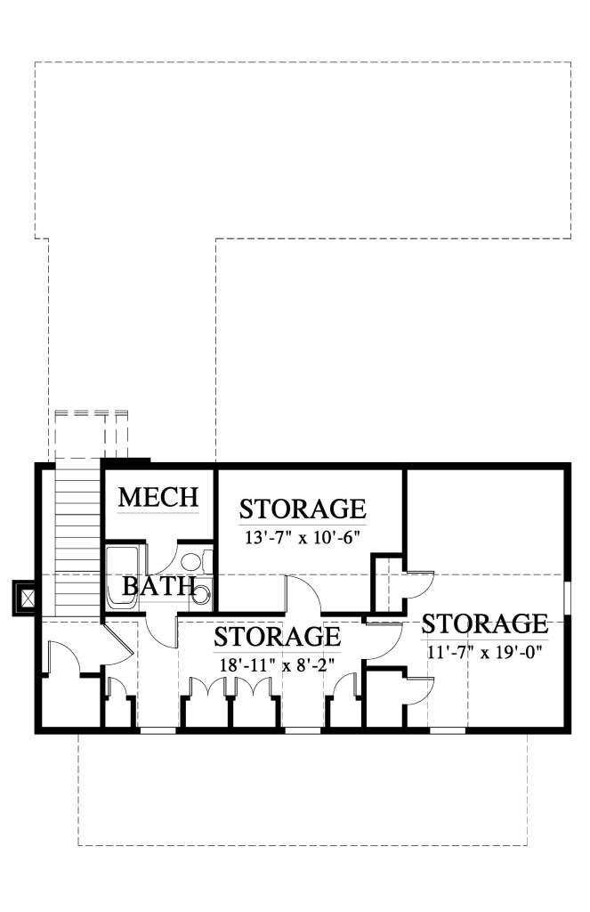Third floor of house plan with bathroom, mechanical room and three large storage spaces.