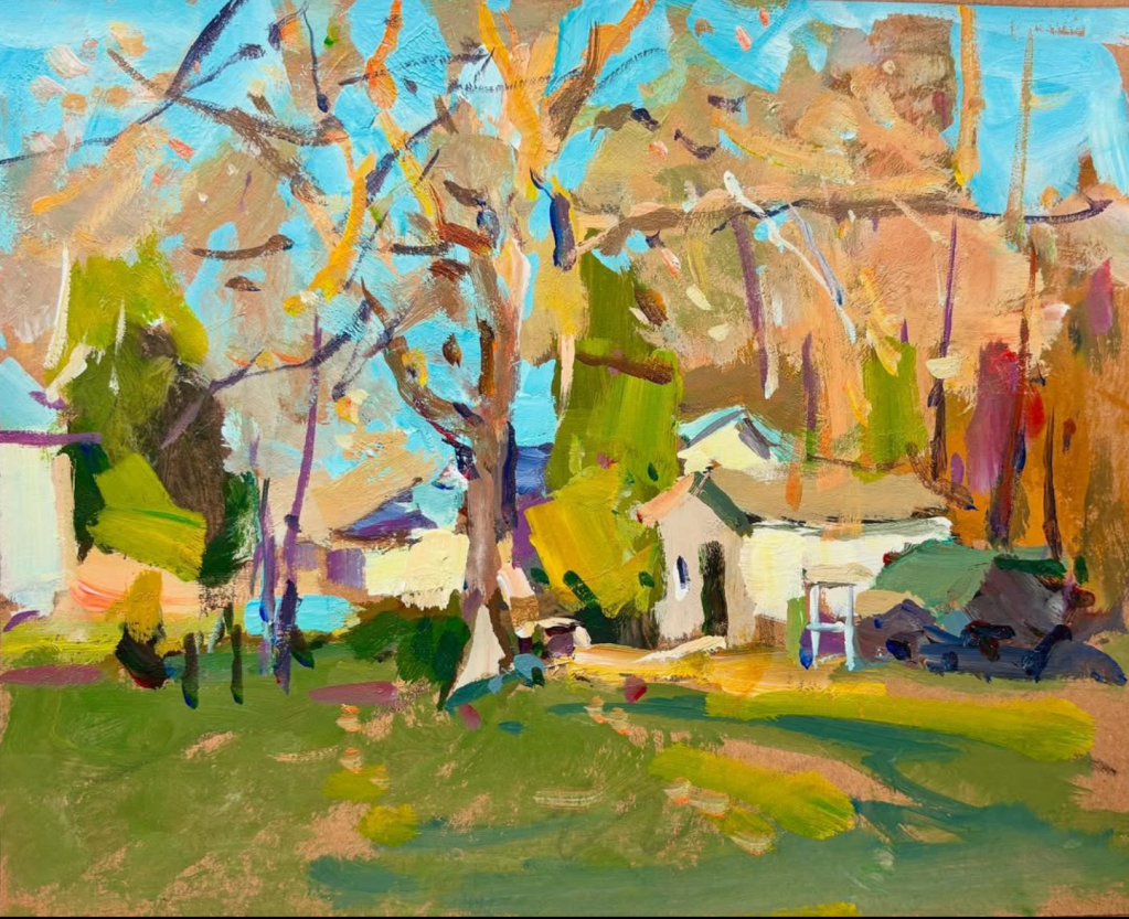 acrylic painting, plein air, artist, eric jacobsen, chicken coop, trees, sky, building