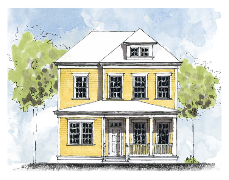 House plan with porch, a lot of windows, height