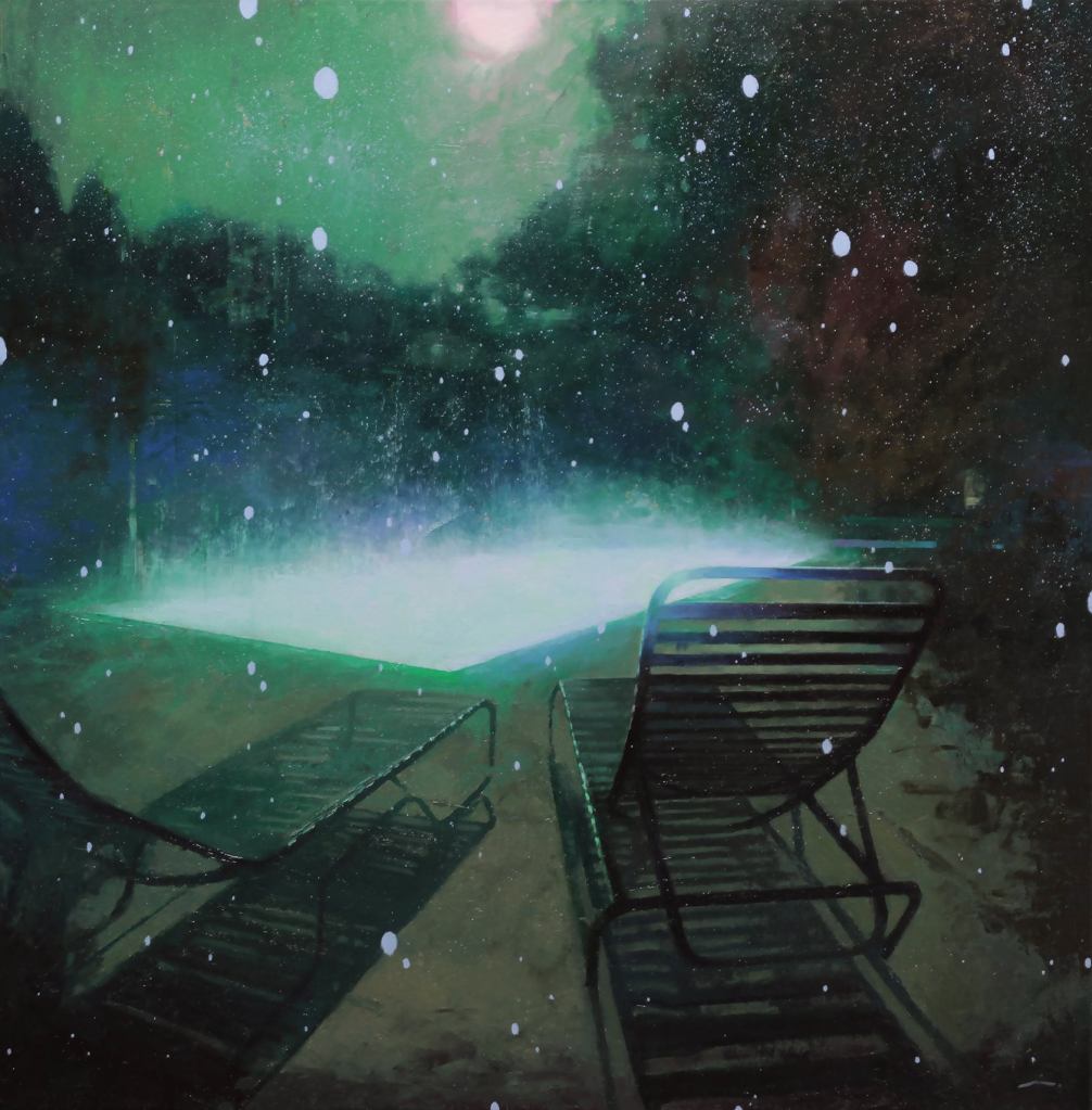 painting by Mia Bergeron, pool, chaise lounges, night, magical