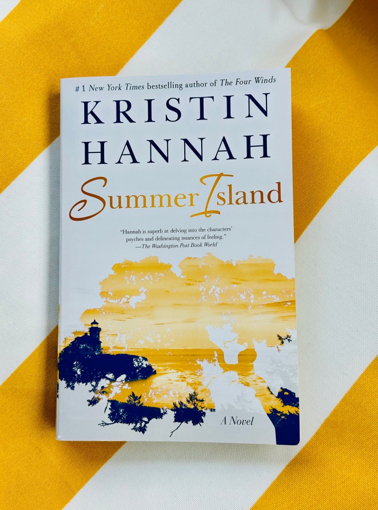 white book on a gold and white striped chair, author kristin hannah, Summer Island, fiction
