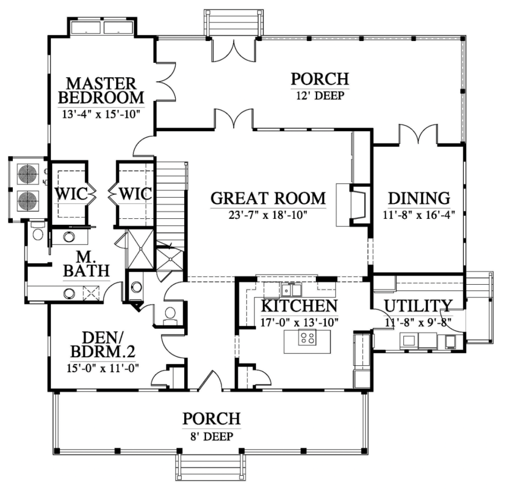 floorpan of Bluff Towne Cottage house plan, porch, kitchen, utility, dining, great, bedroom/den, master suite, back porch