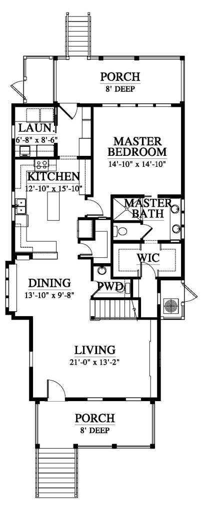 house plan, living in front, dining kitchen on left, master on right, porches