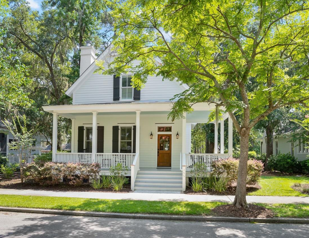 bright and cheery white house, house plan, front and side porch, windows, steps