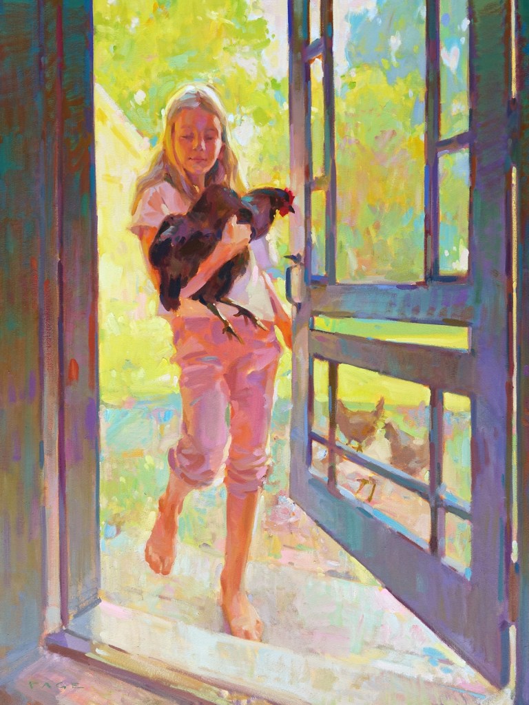 oil painting, young girl carrying a chicken through screened door, lush greenery outside, more chickens outside