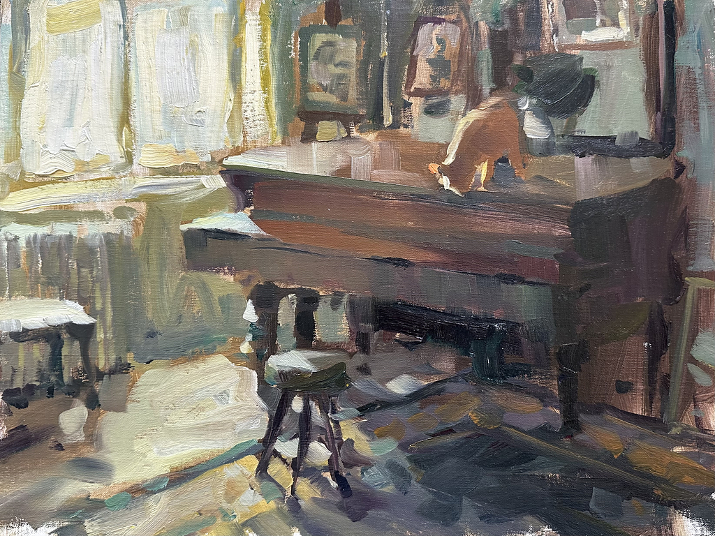 oil painting by Jim Richards, piano, cat with light hitting, window with curtains and light, interior oil painting