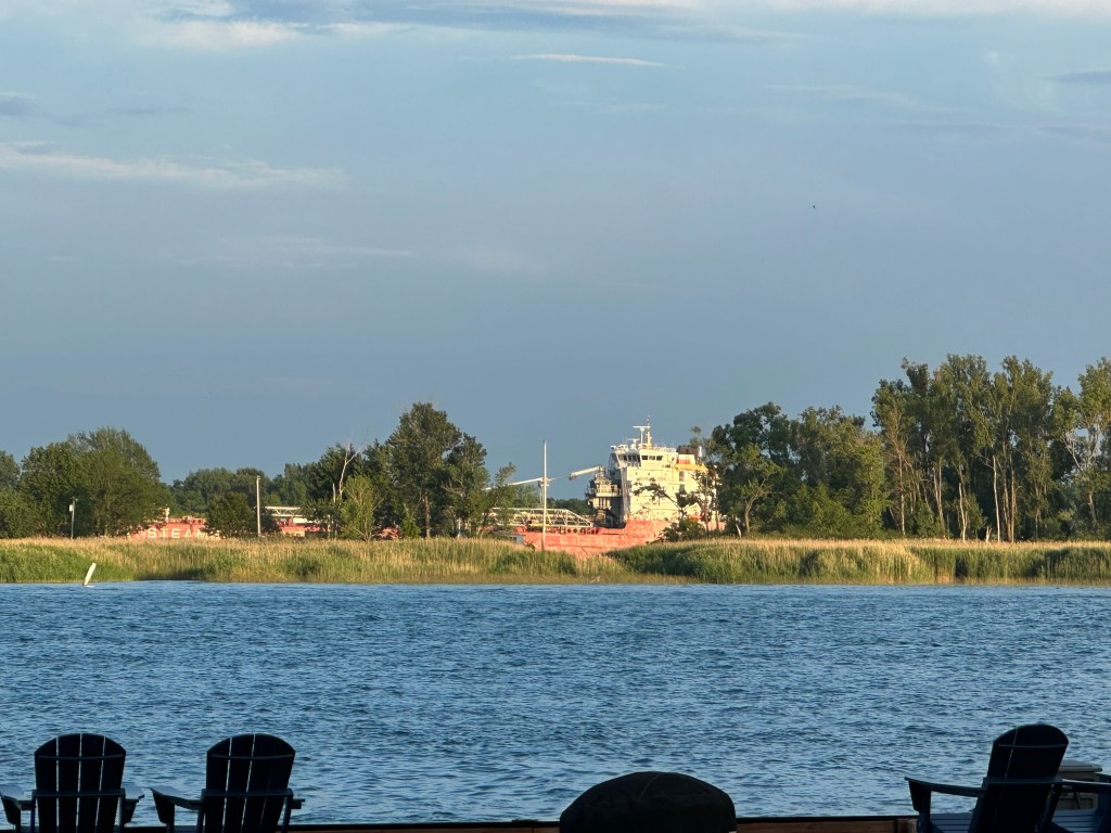 View from St Clair River, Michigan, freighter, shipping channel, Canada