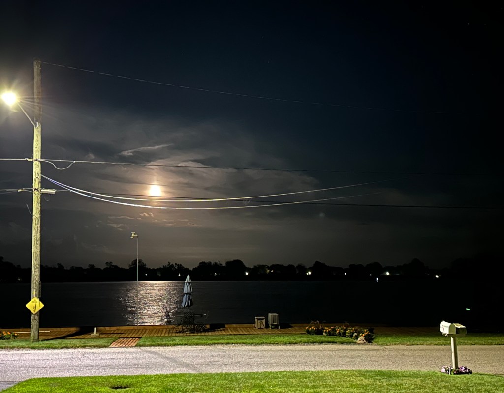 Nighttime photo, river, street light, mailbox, dark night, moon