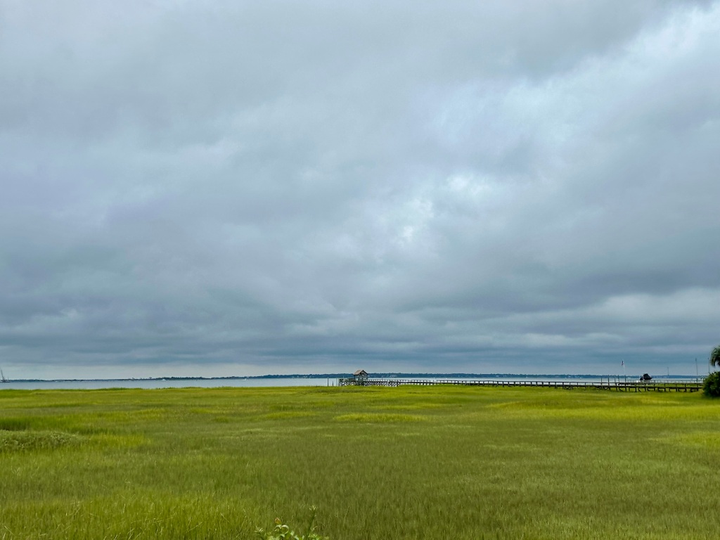 Green marsh grass, long dock in the distance, stormy sky