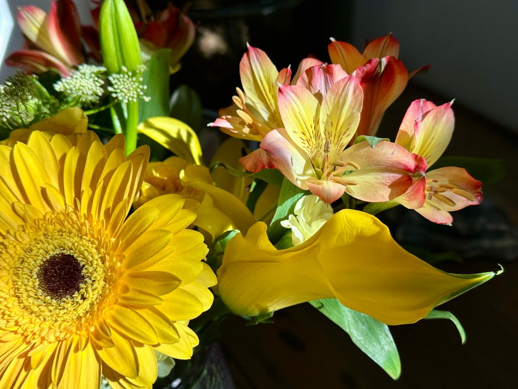 Bouquet of flowers, yellow, green, pinky red...