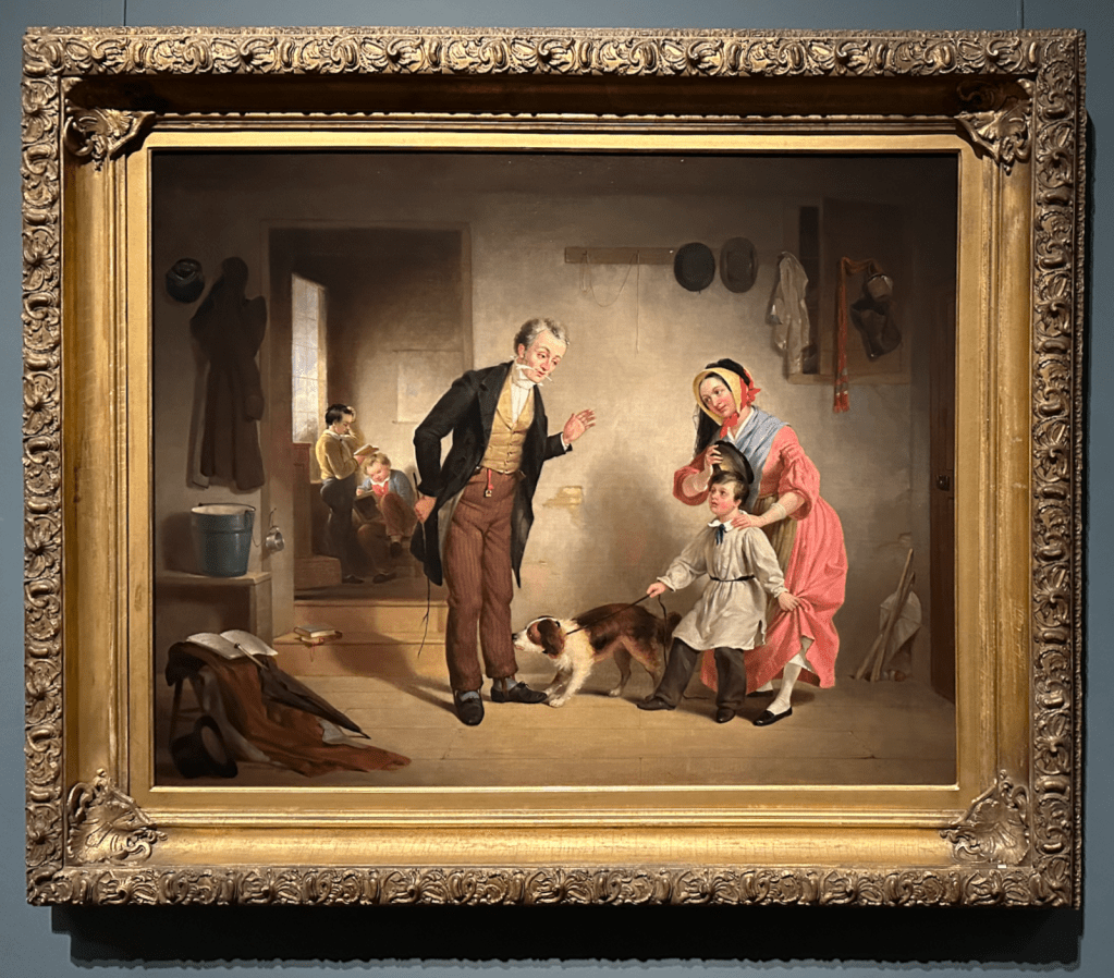 Historical painting, children getting ready for school, parents, dog