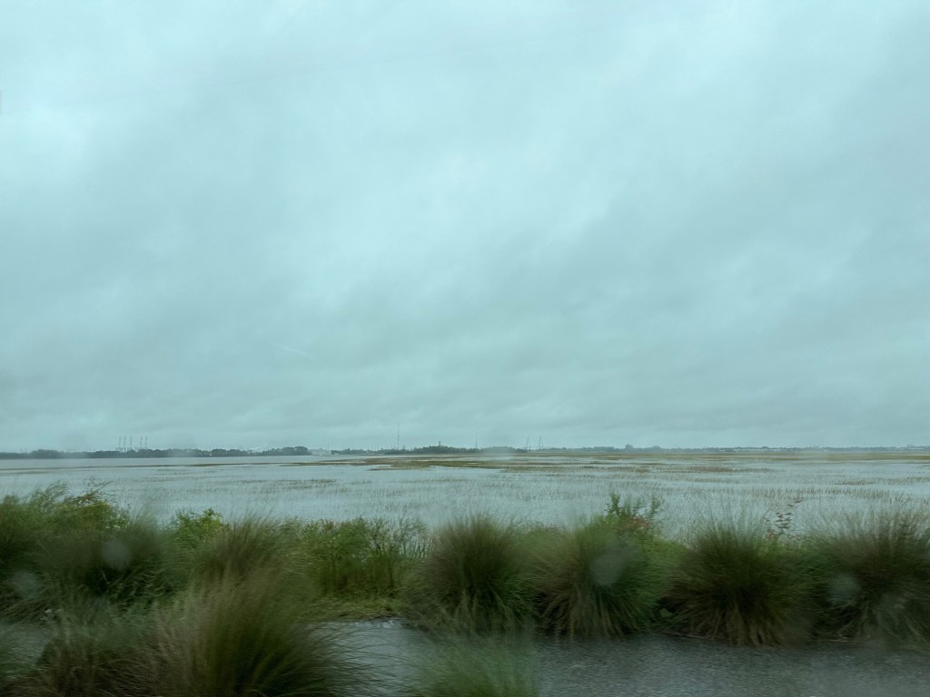 high tide as seen on a rainy day through a car window