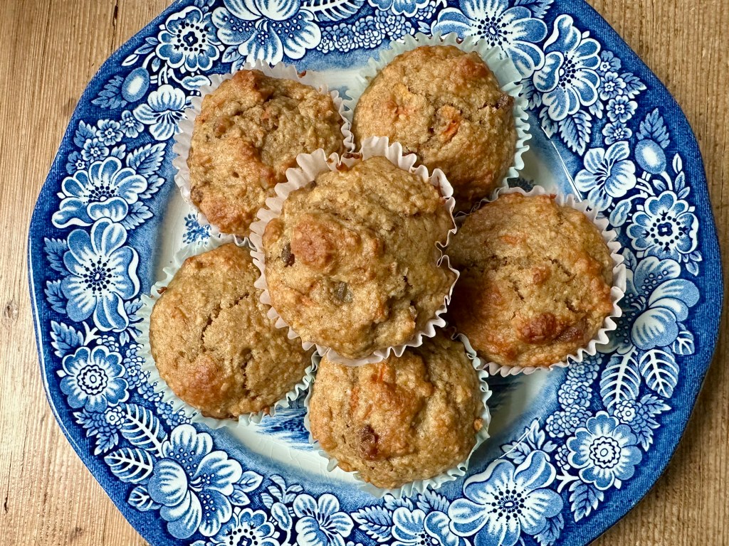 Muffins on a pretty blue and white plate