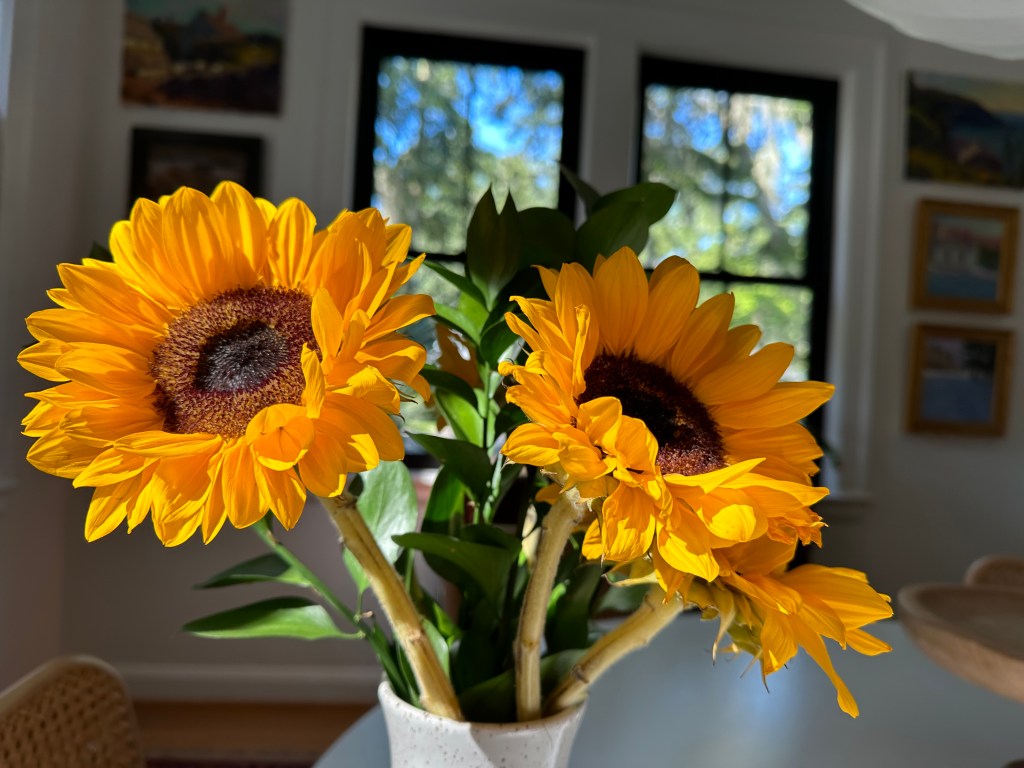 Cut sunflowers in a vase, dining table, windows with green trees, paintings on wall