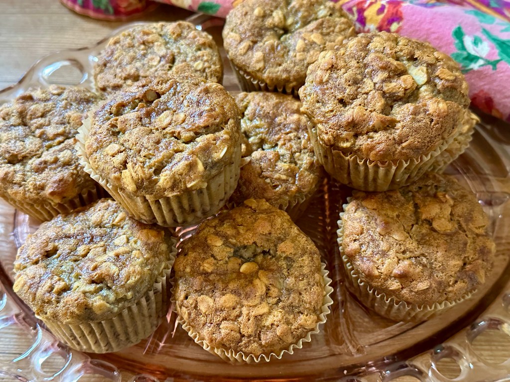 banana oatmeal nut muffins on pretty glass dish